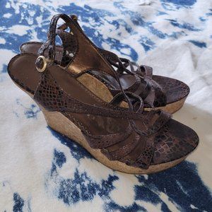 Brown faux snakeskin wedges